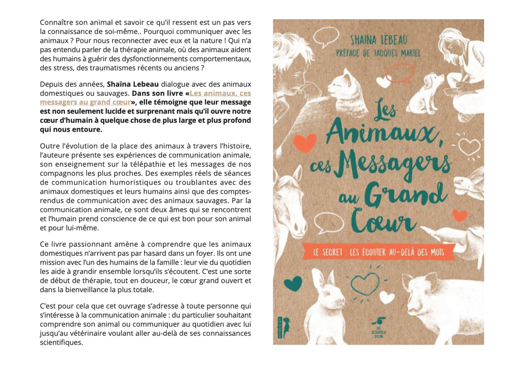 Livre Communication Animale Comprendre les Animaux Bien Etre Animal Shaina Lebeau Editions Le Souffle D Or